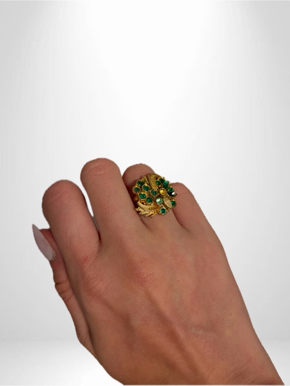 Gold Tone Ring with Green Gemstone Cluster - Women Jewelry